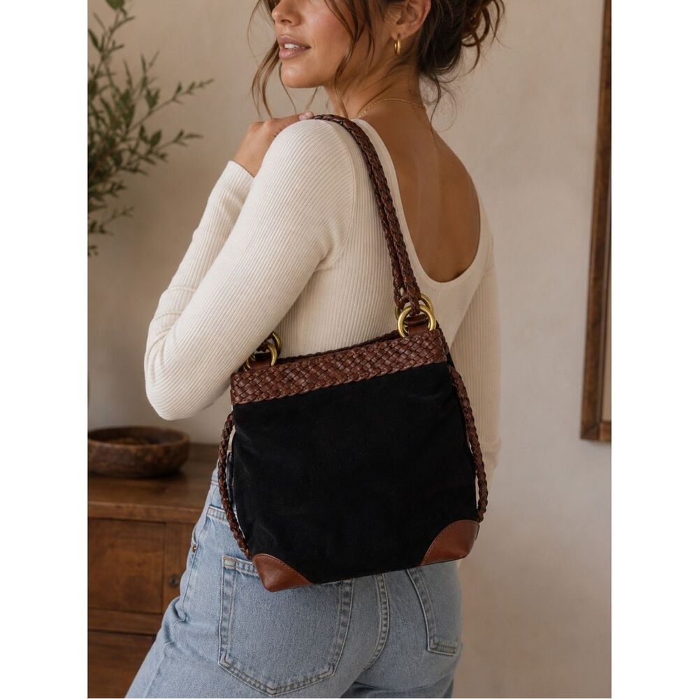 LJS Collection Black Suede Brown Leather Braided Shoulder Bag Vintage